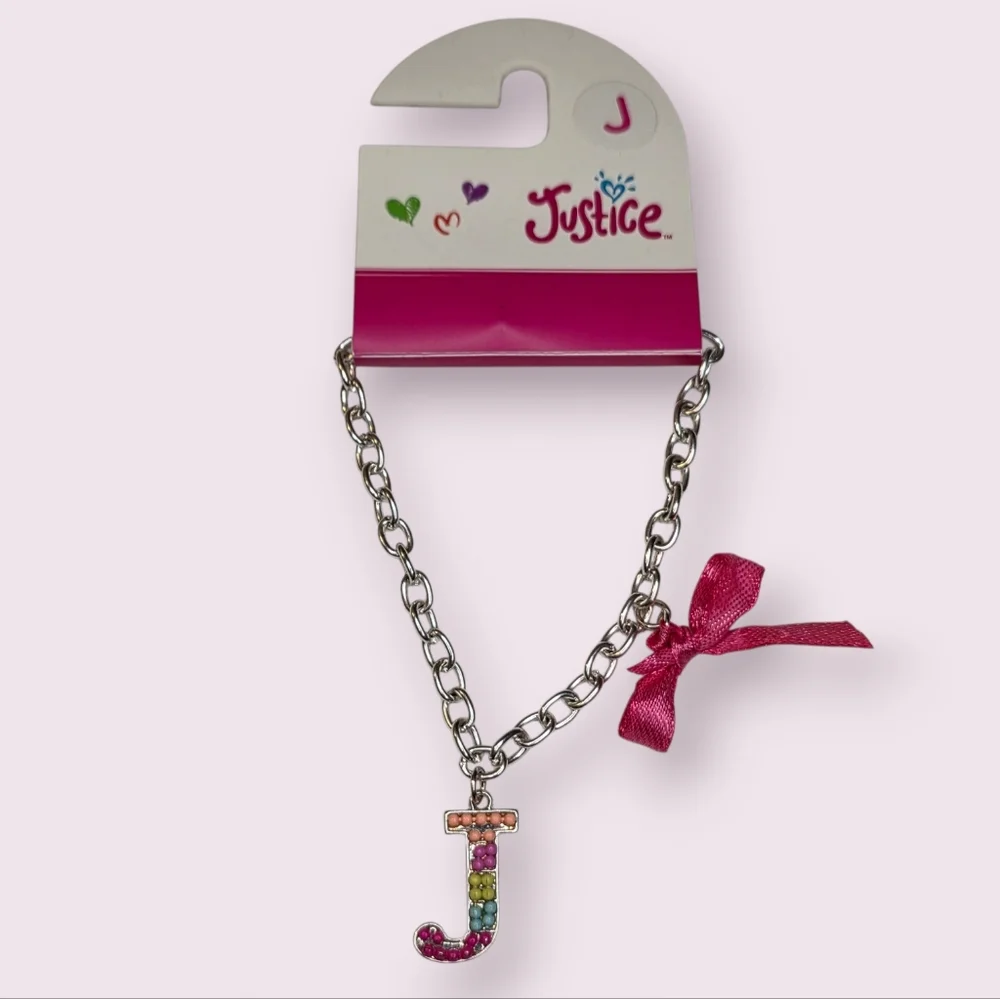 Justice Letter J Initial Charm Bracelet With Pink Ribbon Bow Fashion Jewelry